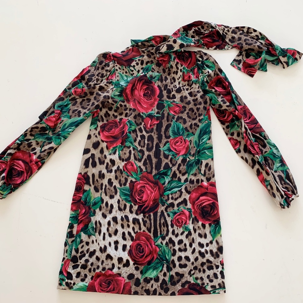 Dolce Gabbana Leopard /roses silk mini dress/bow
